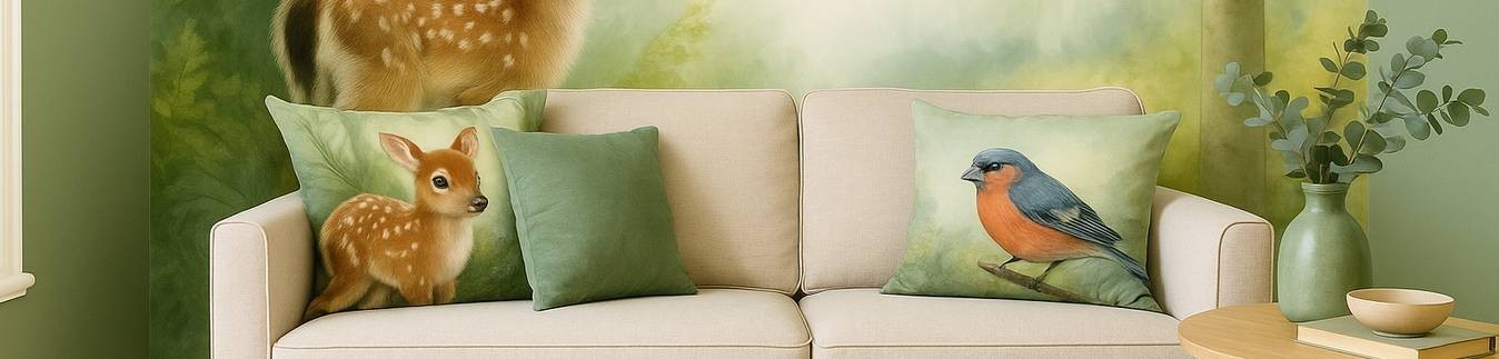 Boslicht concept – Hert & bosbehang met kussens en karpet